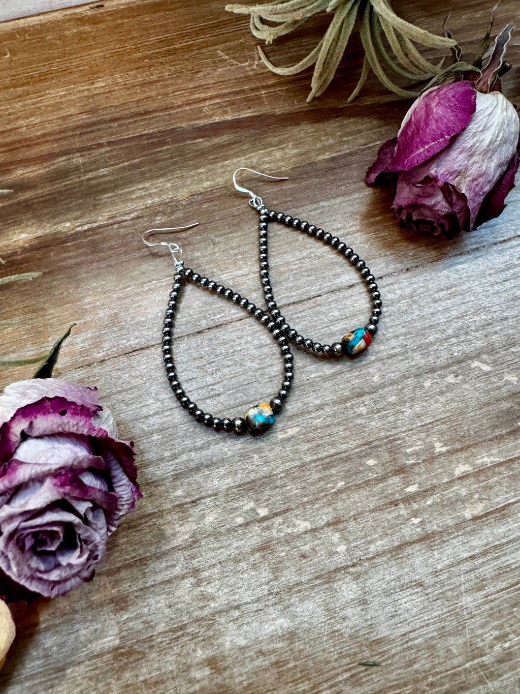 Mixed Turquoise & Spiny Oyster Teardrop Earrings – Sterling Silver Pearls