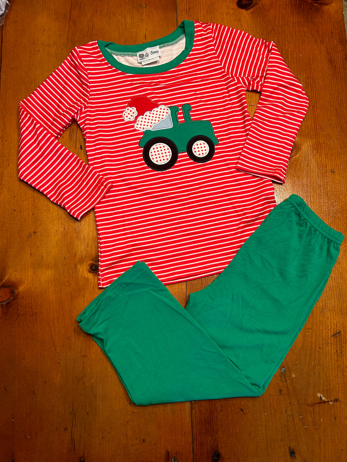 **Pre Order** Striped Green Tractor Applique Christmas Set