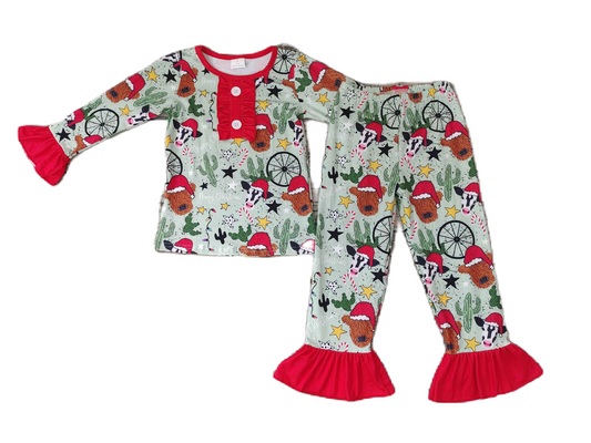 **Pre Order** Ruffle Highland Cow Christmas Pjs, Red Trim