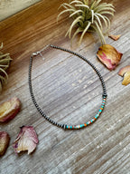 Sterling Silver Pearl Choker with Turquoise & Spiny Oyster Heishi