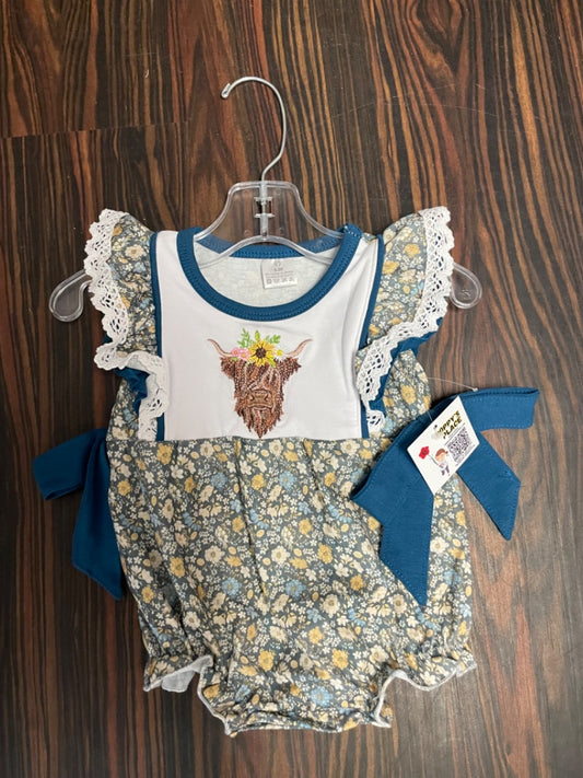 0/3m, embroidered highland cow romper