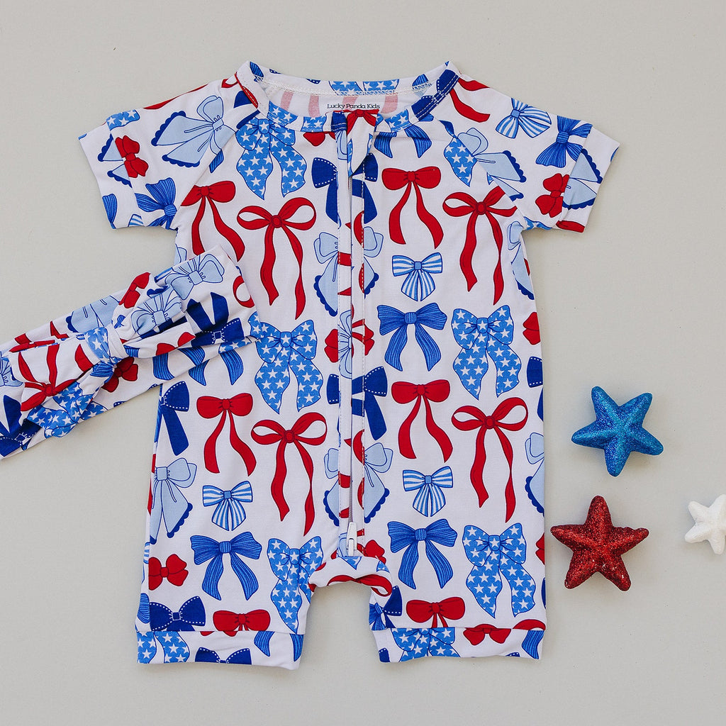 Bamboo Shorty Romper  | Red-White & Bows